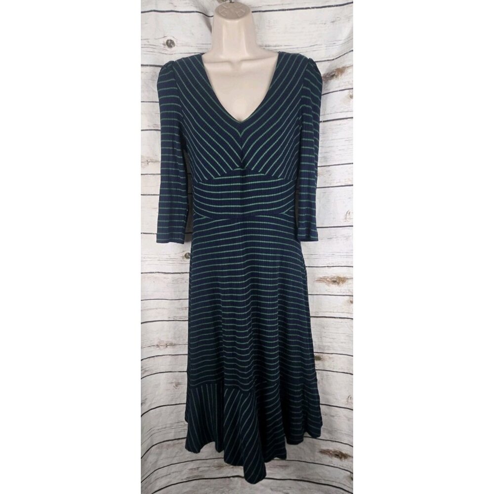 Anthropologie Maeve Flores Knit Dress M Petite Navy Striped Ribbed Fit & Flare